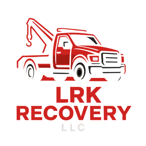 Red tow truck logo for LRK Recovery LLC